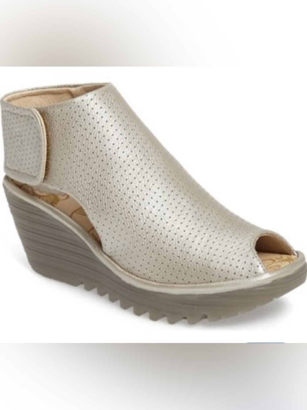 FLY LONDON Yahl Open Toe Platform Wedge Shoe Size 37 / 6.5 Silver Leather Bootie